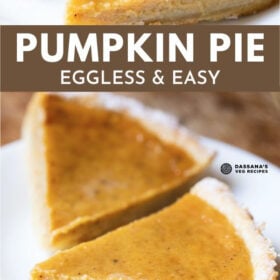 two triangular wedges of eggless pumpkin pie on a white plate