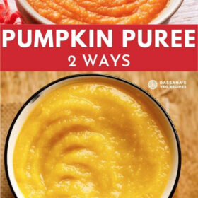 collage of pumpkin puree with a bold text of 'pumpkin puree - 2 ways' mentioned
