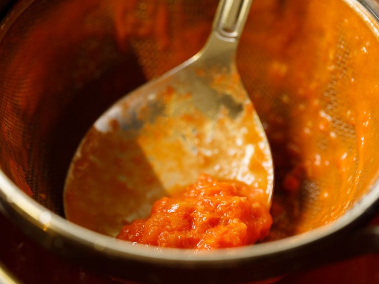 close up of strained tomato seeds and pulp left in the strainer