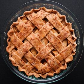 latticed apple pie baked in a pie pan