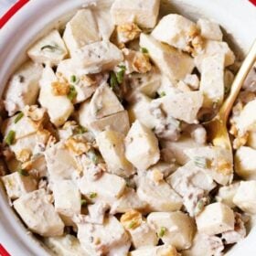 Apple salad with walnuts, celery and mayo dressing in an enamel bowl with white interior and red exterior with a brass spoon