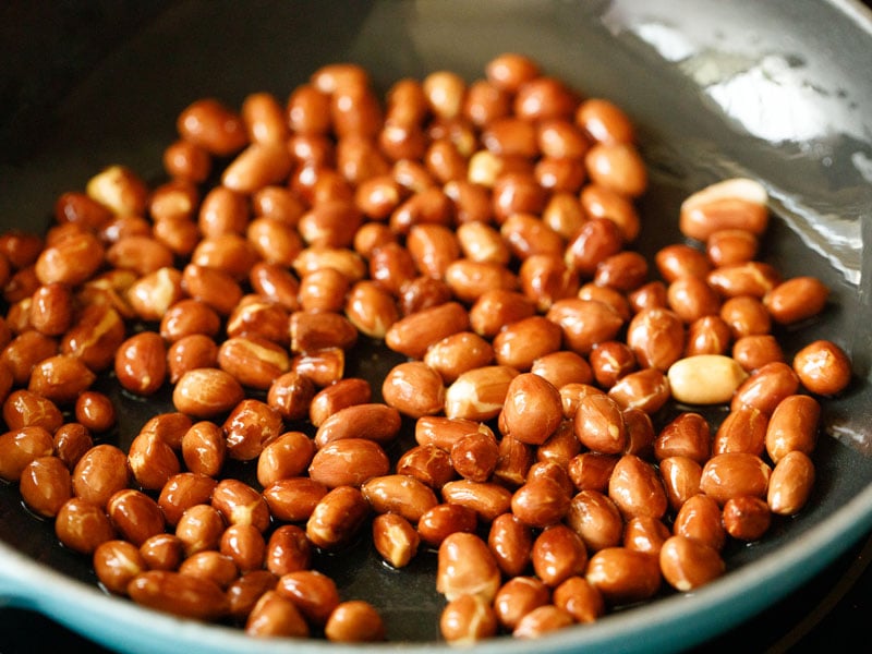 golden crunchy peanuts in the cast iron skillet