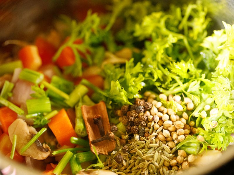 all vegetables, herbs and spices added to stockpot