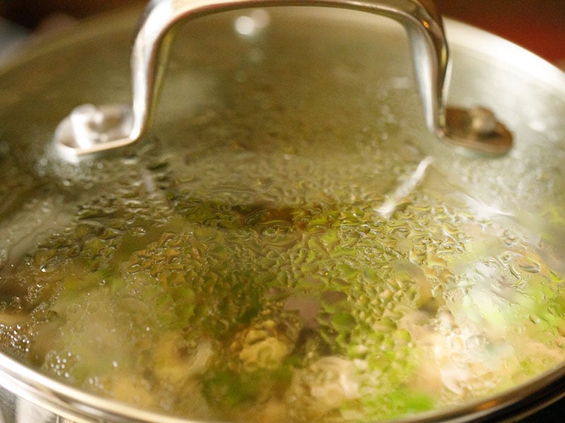 covered stockpot simmering on the stovetop