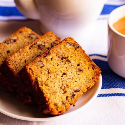 banana cake slices on a white plate