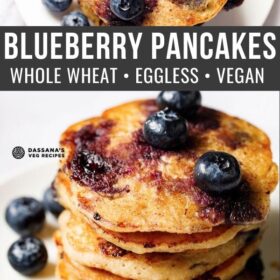 collage of two blueberry pancakes photos with text layovers.