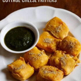 paneer pakora served in a white plate with green chutney in a small white bowl