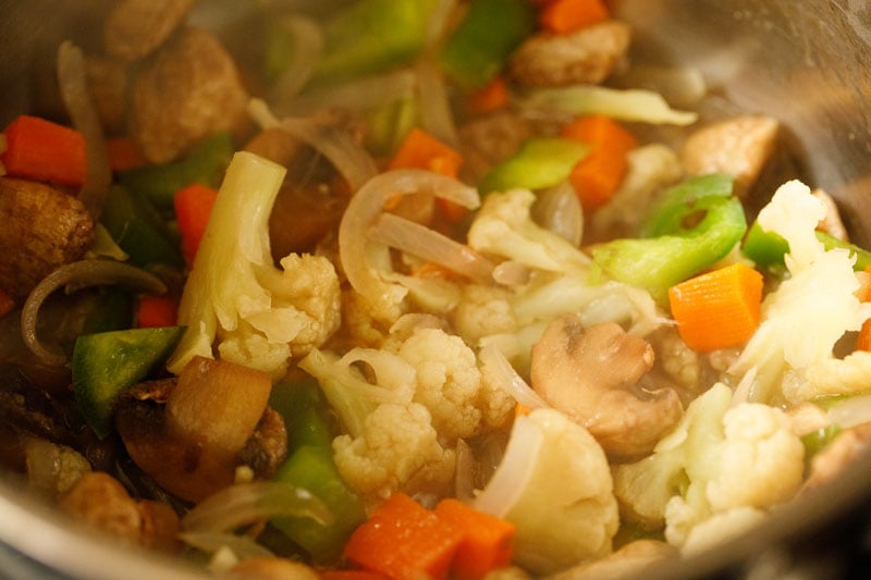 vegetables that have been sautéed for Thai coconut soup