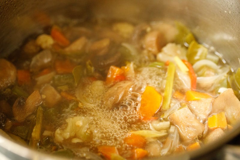 shot of veggies simmering in water