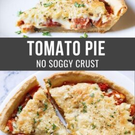 collage of tomato pie images with text layovers.