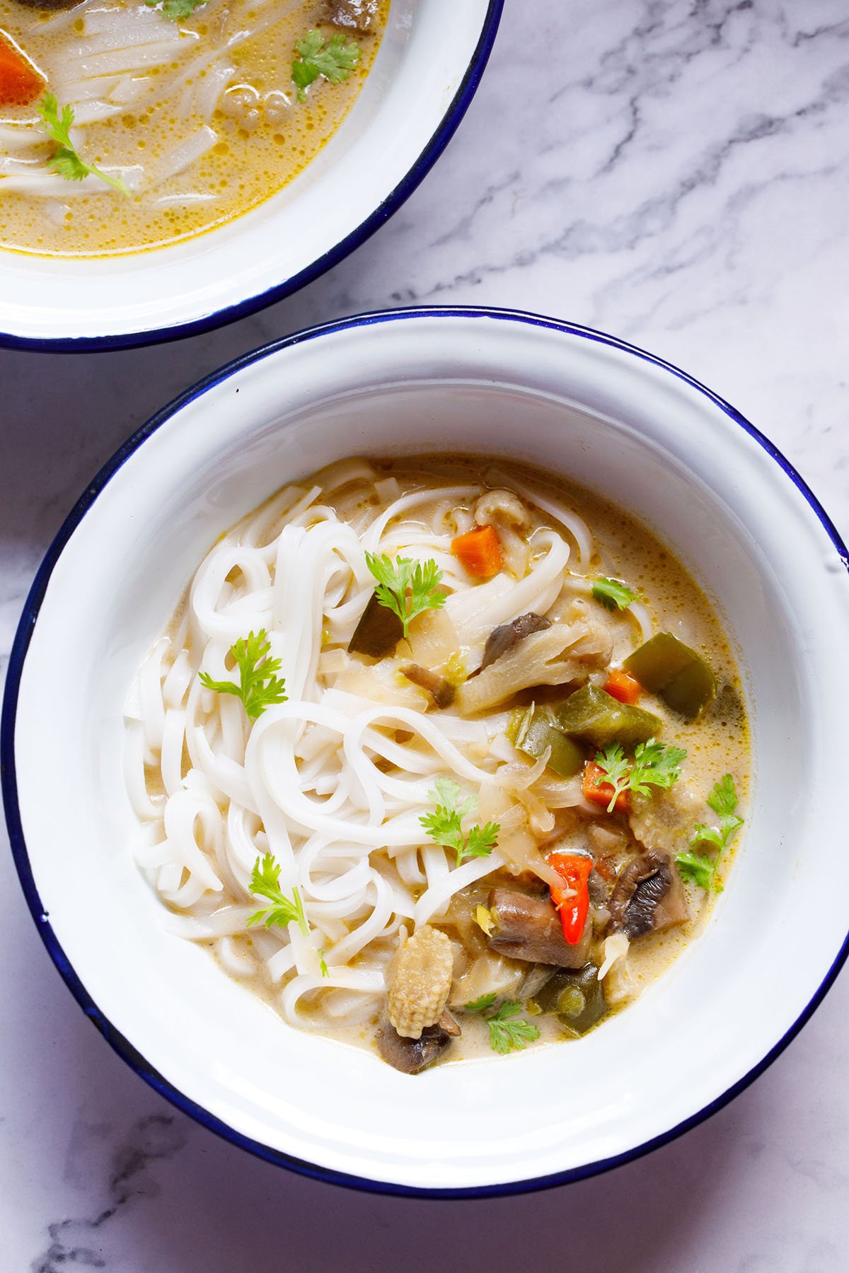 vegan tom kha over rice noodles in a white bowl and garnished with chervil