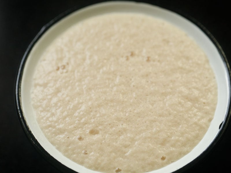 yeast bubbled and frothed in the white bowl to make bread recipe