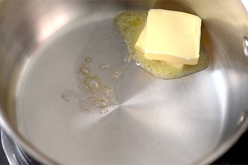 top shot of butter melting in pot
