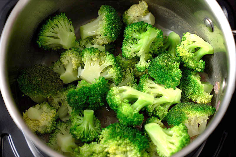 Top shot of broccoli florets in pot