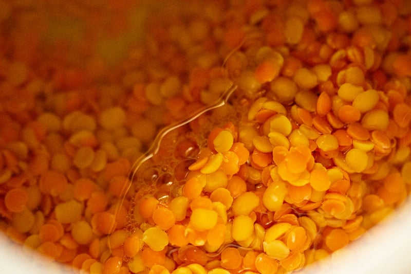 Lentils and water in a pressure cooker for dal fry recipe