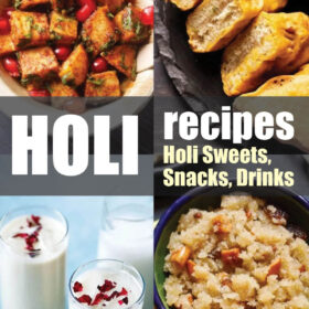 collage of holi recipes with a the text of holi recipes and holi sweets, snacks and drinks listed on image