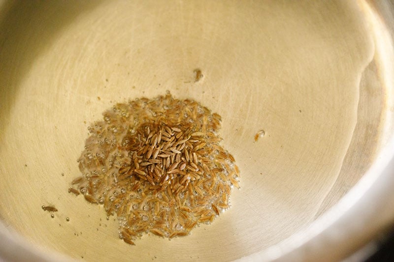 Cumin seeds frying in hot oil in the pressure cooker