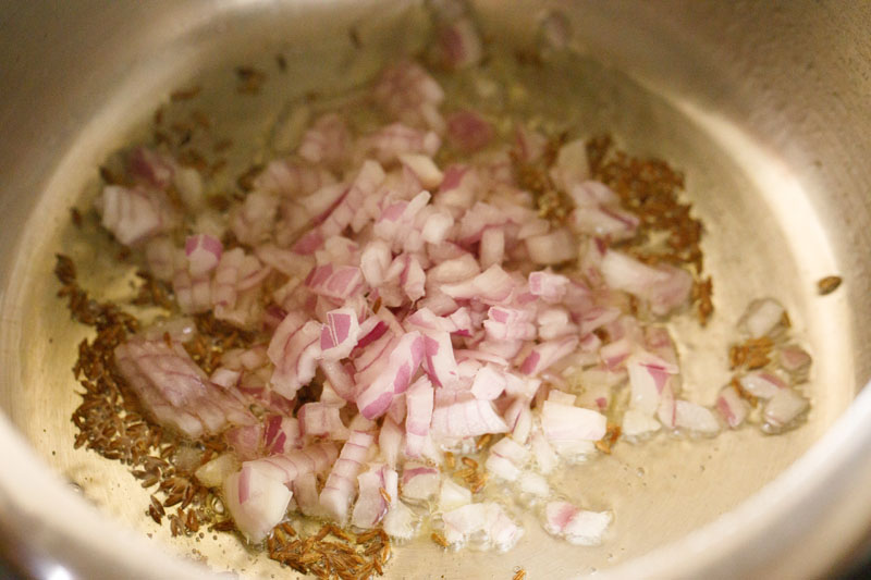 Top shot of onions added in cooker