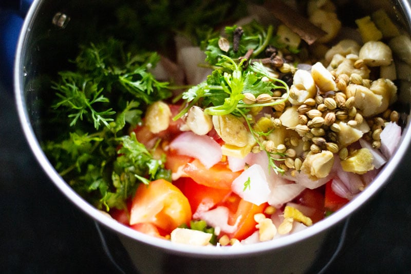 Top shot of ingredients to be ground for matar paneer in blender