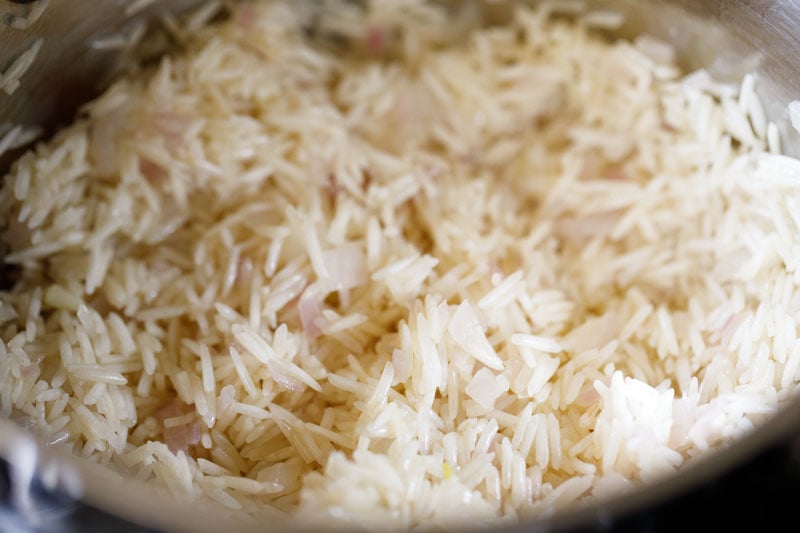 sauteing rice in the pan