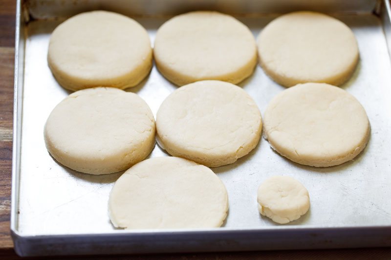 shortcake dough rounds placed on baking tray