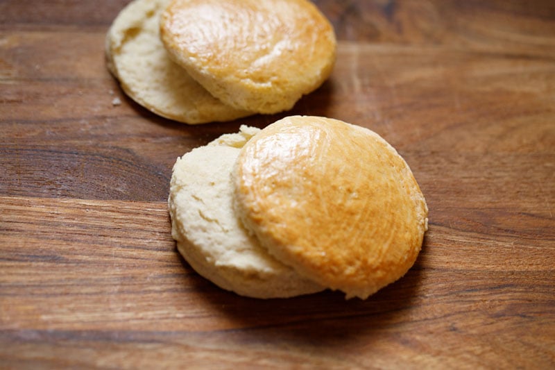 shortcakes halved on wooden board