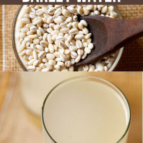 collage of barley grains scooped with a wooden spoon and two collins glasses filled with barley water with a text layover