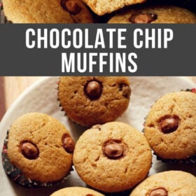 collage of chocolate chip muffins photos with a text overlay