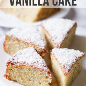 vanilla cake triangular wedges topped with jam icing and desiccated coconut on a white plate