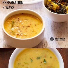 collage of moong dal fry and moong dal tadka photos with text layovers