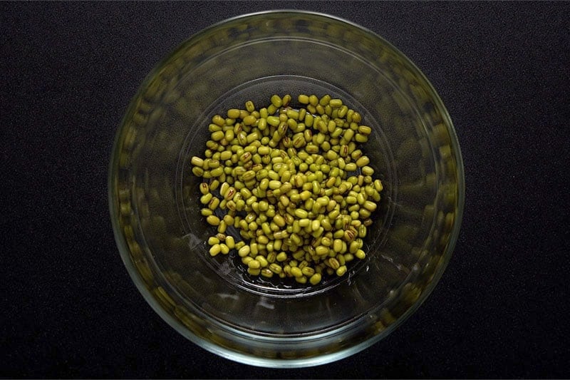 soaked mung beans placed in a glass bowl