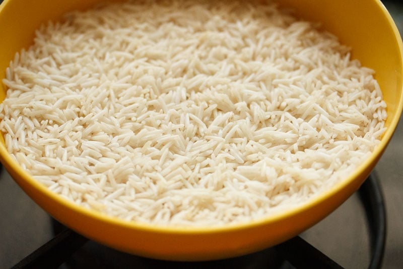 Top shot of rice in yellow bowl