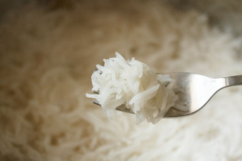 Rice on fork for veg biryani recipe