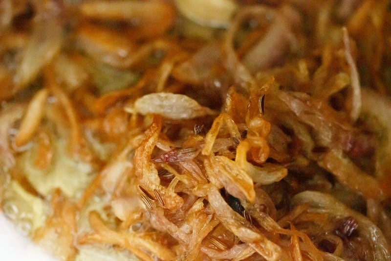 caramelized onions for Hyderabadi veg biryani recipe