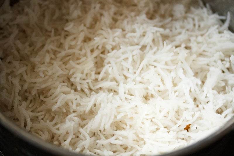 Top shot of cooked rice in pot