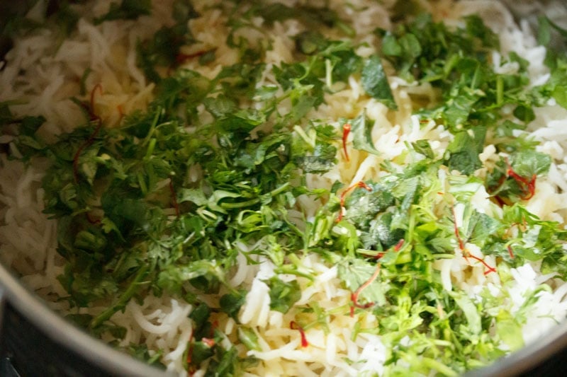 Top shot of herbs and saffron in a pot