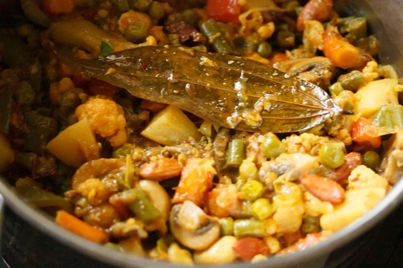 Top shot of cooked veggies and spices in pot