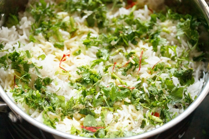 Top shot of herbs and saffron in a pot