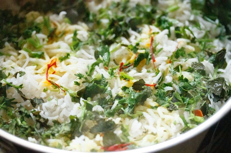 Top shot of cooked dum biryani in the pan