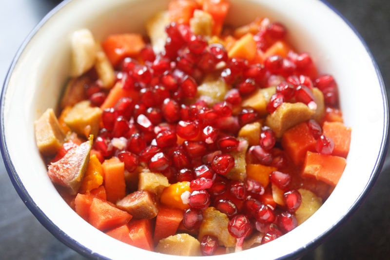 pomegranate arils added to the fruit salad