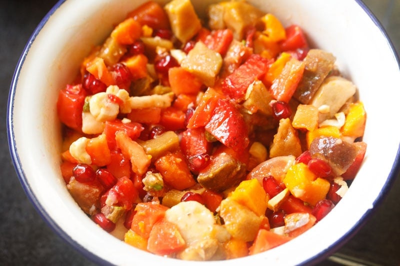 completed fruit salad in a mixing bowl