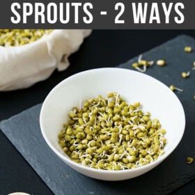 mung bean sprouts in a white bowl placed on dark gray slate board with a text layover