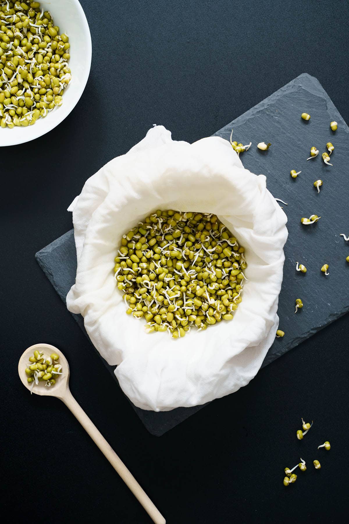 mung bean sprouts in a white bowl placed on dark gray slate board with a small wooden spoon with sprouts in it placed below