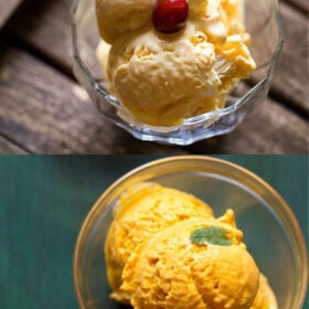 collage of two types of mango ice cream scooped in glass bowls
