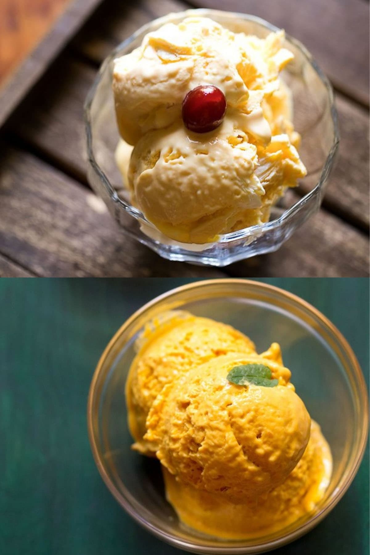 collage of two types of mango ice cream scooped in glass bowls