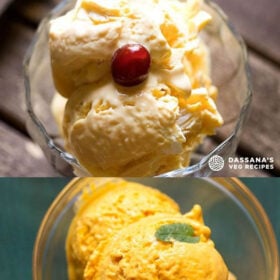 collage of two types of mango ice cream scooped in glass bowls with a text layover