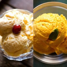 collage of two types of mango ice cream recipes scooped in glass bowls