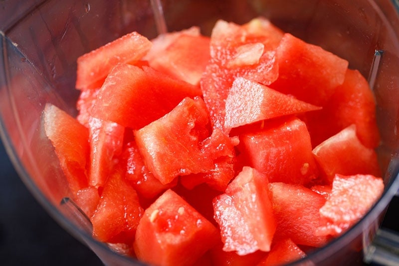 cubes of watermelon in a pitcher blender