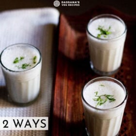 small three glasses filled with chaas placed on a wooden tray next to a white linen with text layovers