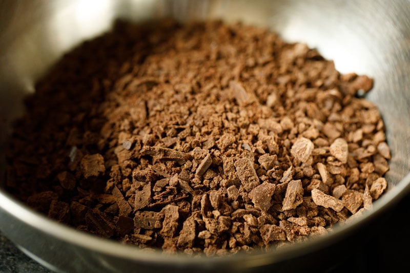 chopped dark chocolate in a bowl